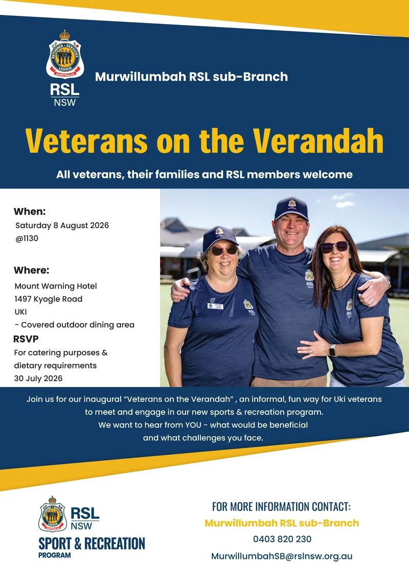 Veterans on the Verandah flyer: Saturday 8 August 2026 at 11:30, Mount Warning Hotel, 1497 Kyogle Road, Uki, covered outdoor dining area. RSVP 30 July 2026 for catering purposes and dietary requirements. All veterans, their families and RSL members welcome.