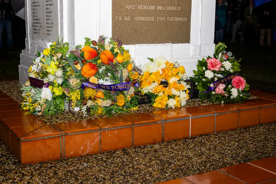 Wreaths and floral tributes at the foot of the Murwillumbah cenotaph.