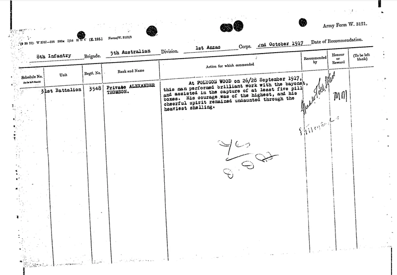 Army Form W. 3121, a recommendation for honours dated 2 October 1917. It lists Private Alexander Thomson, regimental number 3548, of the 31st Battalion, 8th Infantry Brigade, 5th Australian Division. The commendation reads: at Polygon Wood on 26/28 September 1917 this man performed brilliant work with the bayonet, and assisted in the capture of at least five pill boxes. His courage was of the highest, and his cheerful spirit remained undaunted through the heaviest shelling. The award column is marked M.M.
