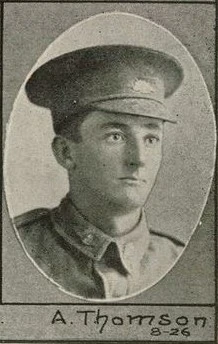 Studio portrait of Alexander Thomson as a young soldier, in slouch hat and AIF uniform. The printed plate is captioned “A. Thomson”.